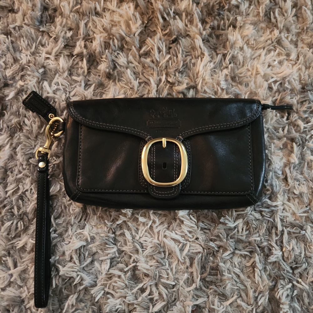 Black Leather Coach Clutch with Gold Buckle